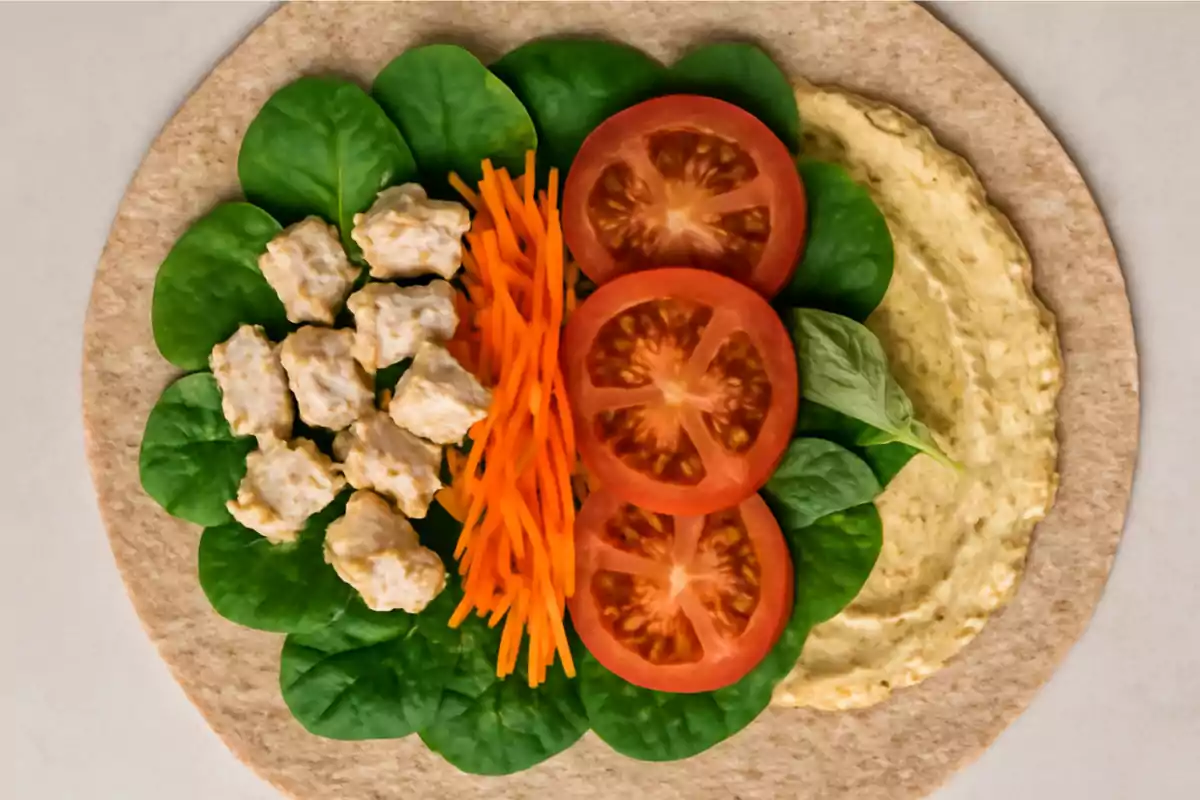 Wrap de pollo, zanahoria rallada, rodajas de tomate y hummus Wrap de pollo, zanahoria rallada, rodajas de tomate y hummus