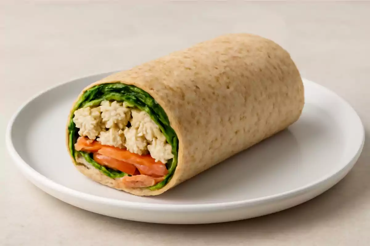 Un burrito de tortilla integral relleno de lechuga, tomate y pollo en un plato blanco