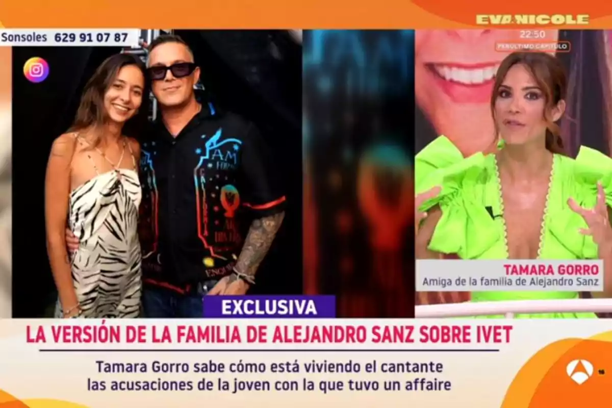 Programa de televisión mostrando a Ivet Playá y Alejandro Sanz posando juntos y a Tamara Gorro vestida de verde hablando en el estudio, con titulares sobre la familia de Alejandro Sanz y un escándalo relacionado. Captura de 'Y ahora Sonsoles' Programa de televisión mostrando a Ivet Playá y Alejandro Sanz posando juntos y a Tamara Gorro vestida de verde hablando en el estudio, con titulares sobre la familia de Alejandro Sanz y un escándalo relacionado. Captura de 'Y ahora Sonsoles'