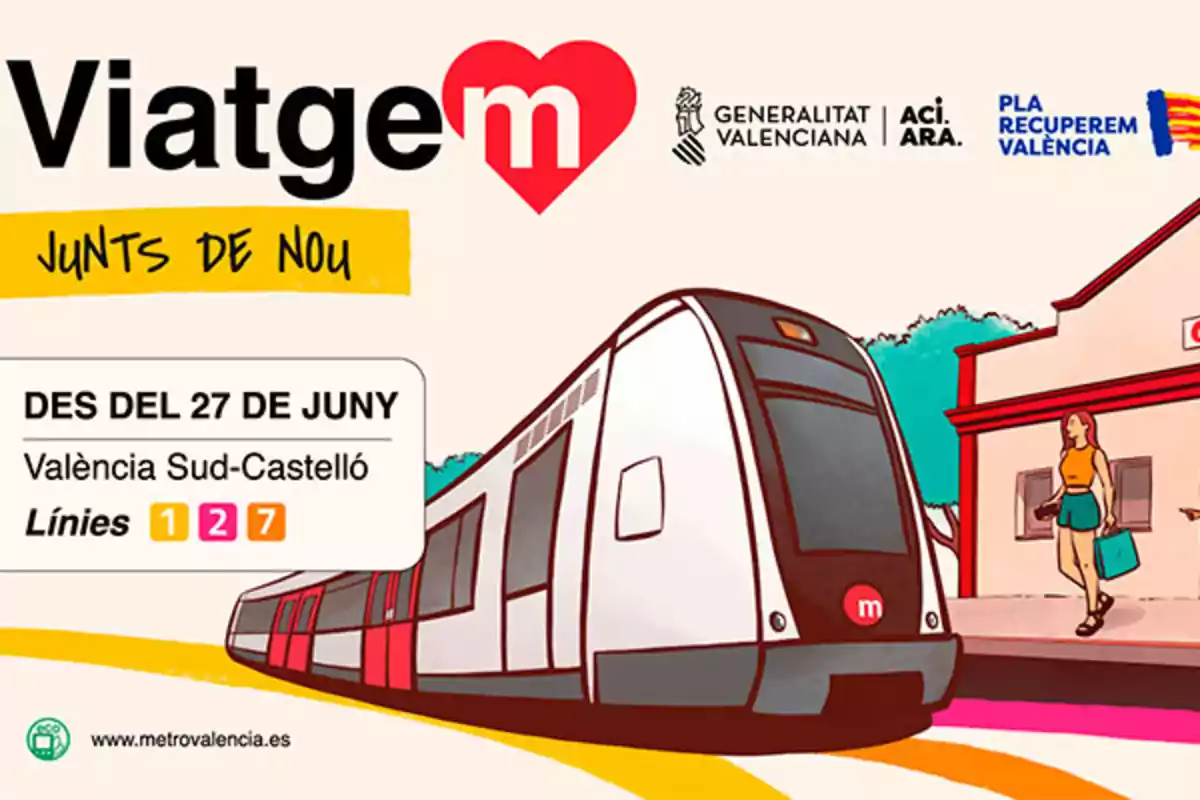 Ilustración de un tren moderno de Metrovalencia llegando a una estación donde una mujer espera en el andén con una bolsa de compras, acompañado de información sobre el inicio de un servicio entre València Sud y Castelló a partir del 27 de junio para las líneas 1, 2 y 7, con logotipos institucionales y el lema Junts de nou Ilustración de un tren moderno de Metrovalencia llegando a una estación donde una mujer espera en el andén con una bolsa de compras, acompañado de información sobre el inicio de un servicio entre València Sud y Castelló a partir del 27 de junio para las líneas 1, 2 y 7, con logotipos institucionales y el lema Junts de nou