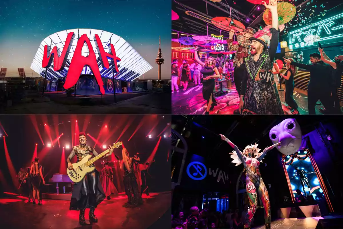 Collage de cuatro imágenes que muestran el exterior iluminado de un edificio con el letrero WAH, personas disfrutando de un espectáculo colorido y artístico, músicos en el escenario y artistas con disfraces llamativos en un ambiente festivo