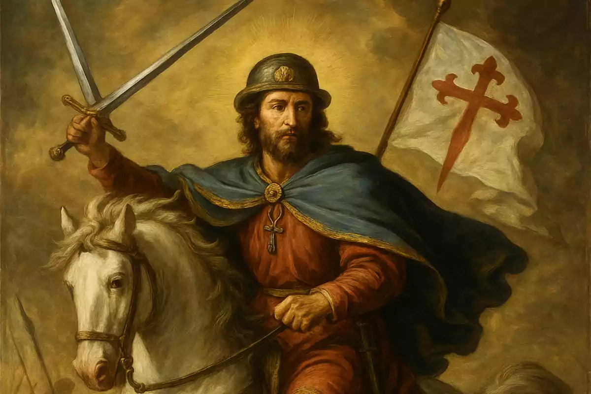 Hombre con barba montado en un caballo blanco sosteniendo una espada y una bandera blanca con una cruz roja, vestido con capa azul y túnica roja, fondo de cielo nublado