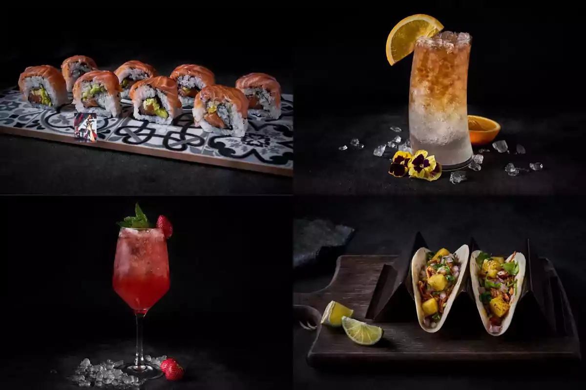 Cuatro imágenes de comida y bebida gourmet, incluyendo sushi, un cóctel con naranja, una bebida rosada con fresa y dos tacos servidos con limón Cuatro imágenes de comida y bebida gourmet, incluyendo sushi, un cóctel con naranja, una bebida rosada con fresa y dos tacos servidos con limón