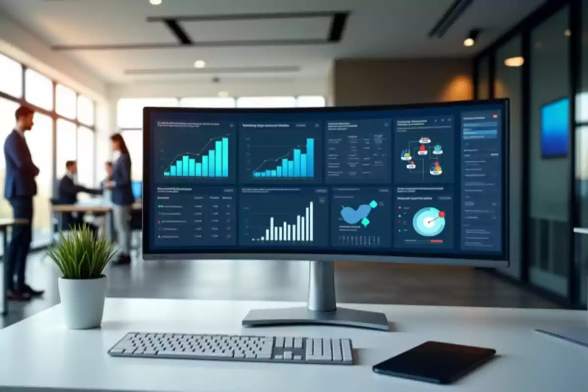 Monitor curvo con gráficos y estadísticas en una oficina moderna con personas conversando al fondo y una planta sobre el escritorio