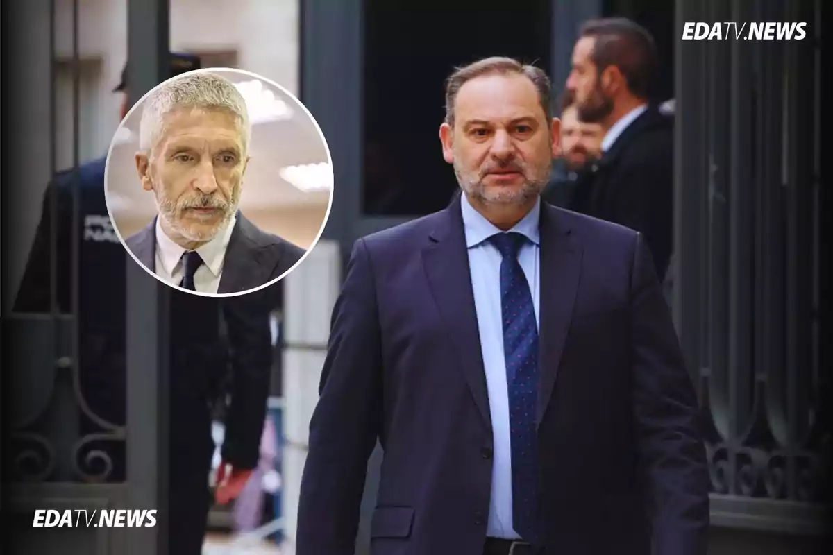 Hombre de traje caminando al aire libre con expresión seria y un recuadro circular mostrando el rostro de otro hombre de cabello canoso y barba, ambos en un entorno profesional