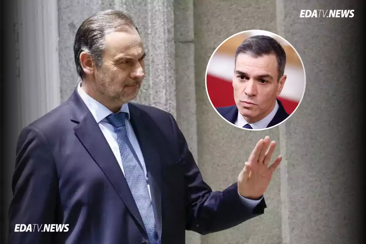 Hombre con traje azul saludando con la mano y un recuadro con el rostro de otro hombre en la esquina superior derecha