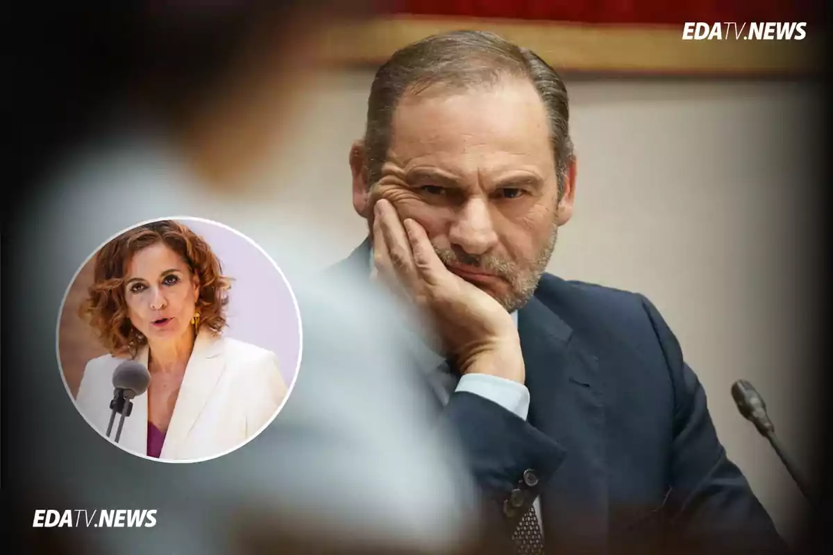 Hombre con expresión seria apoyando la cabeza en la mano durante una reunión y recuadro con una mujer hablando frente a un micrófono