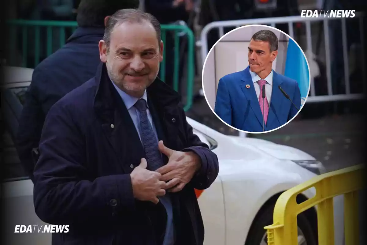 Un hombre con abrigo oscuro y corbata sonríe mientras se ajusta la chaqueta en la calle, en la esquina superior derecha aparece un recuadro con otro hombre de traje azul hablando frente a un micrófono.