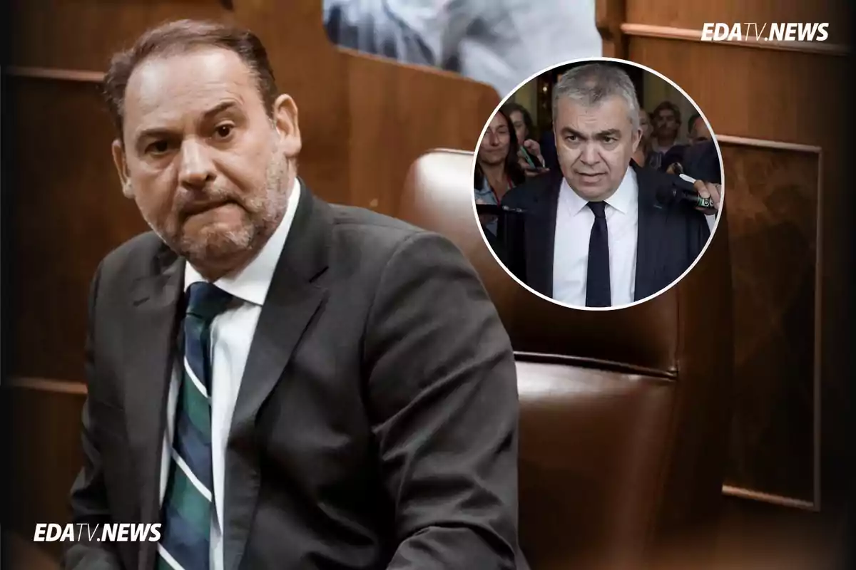 Hombre de traje sentado en un escaño parlamentario con expresión seria y un recuadro que muestra a otro hombre de traje rodeado de micrófonos y periodistas