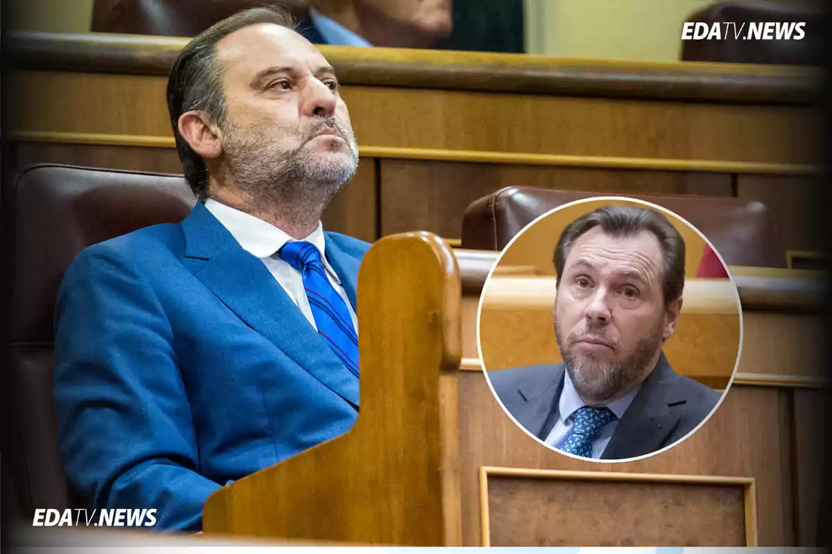 Hombre con traje azul sentado en un escaño parlamentario con un recuadro que muestra el rostro de otro hombre en el mismo entorno