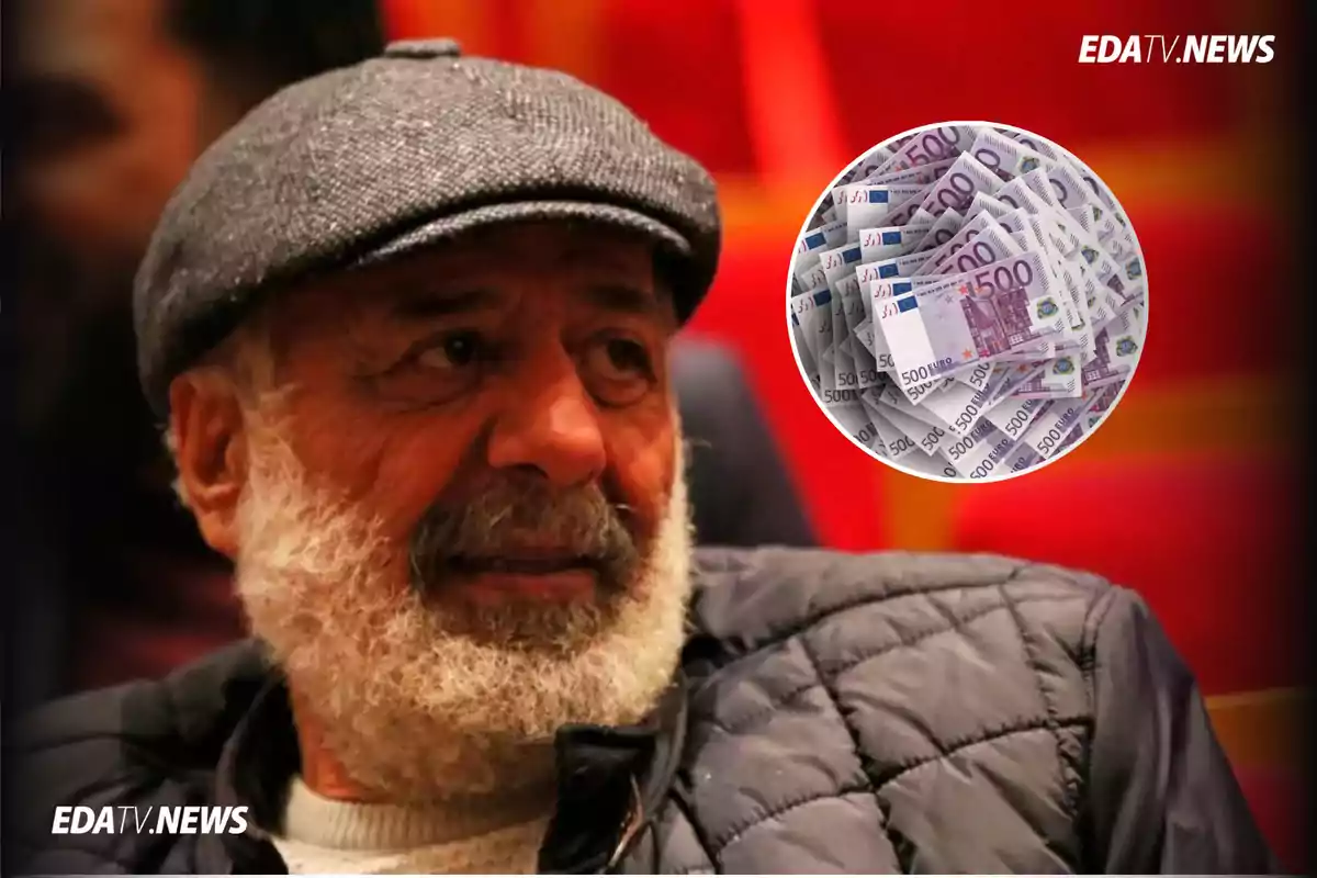 Hombre mayor con barba y gorra gris sentado, al fondo un círculo con billetes de 500 euros y el logo de EDATV.NEWS