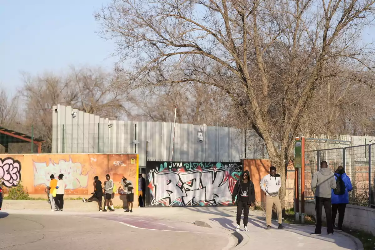 Varias personas caminan y conversan cerca de una pared con grafitis y árboles sin hojas en un entorno urbano. Varias personas caminan y conversan cerca de una pared con grafitis y árboles sin hojas en un entorno urbano.
