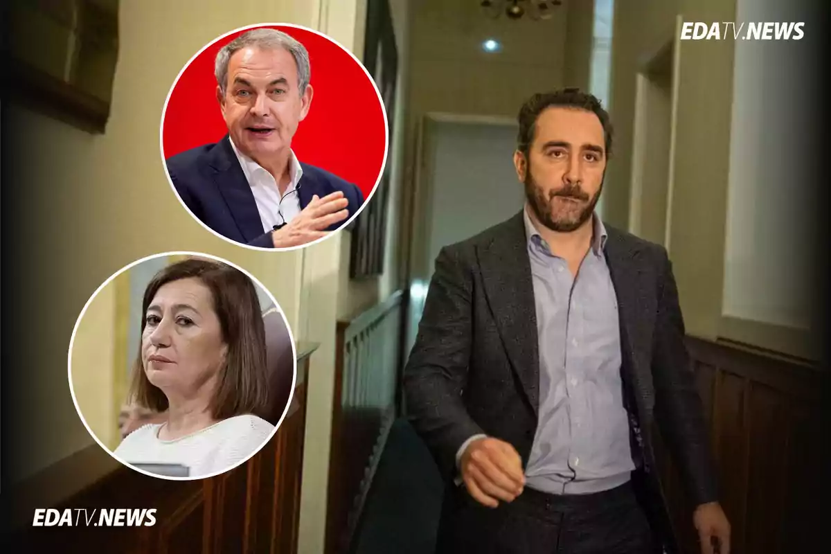 Hombre con barba caminando por un pasillo mientras dos personas aparecen en círculos superpuestos en la esquina izquierda de la imagen