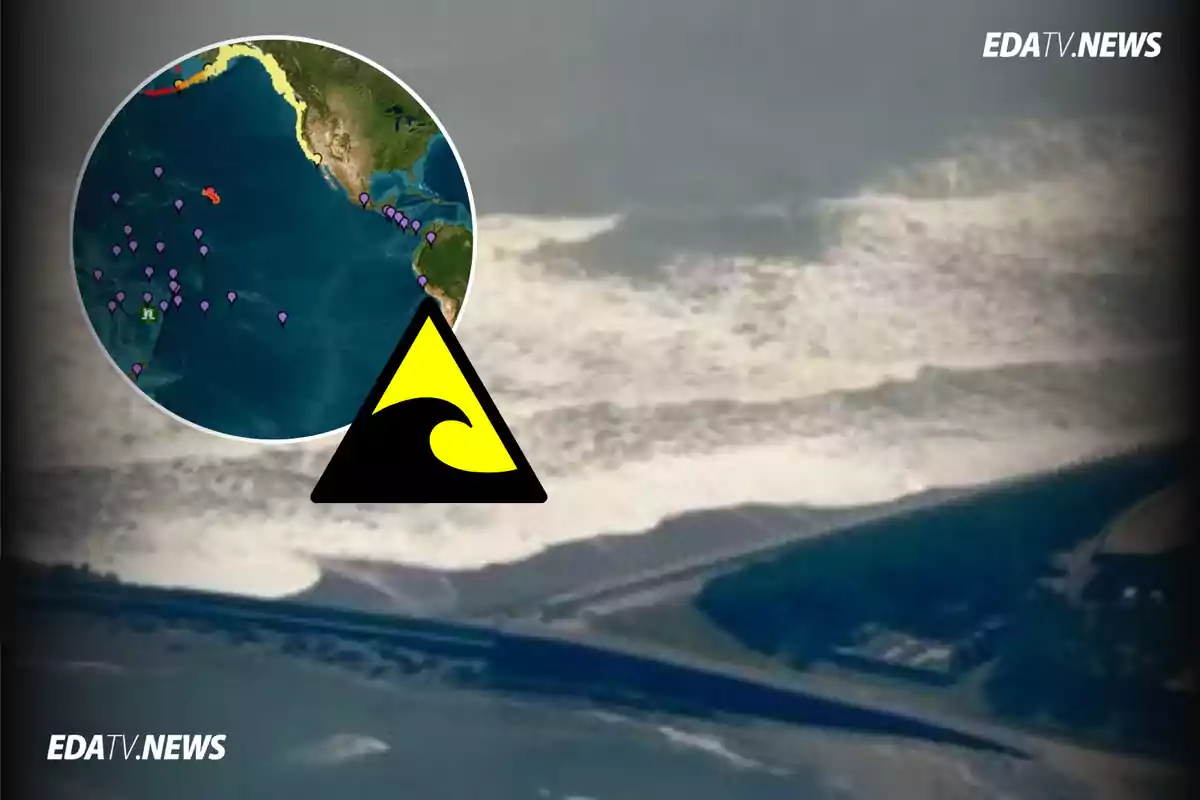 Imagen que muestra una alerta de tsunami con un mapa del Pacífico y un símbolo de ola sobre una fotografía de la costa con fuerte oleaje
