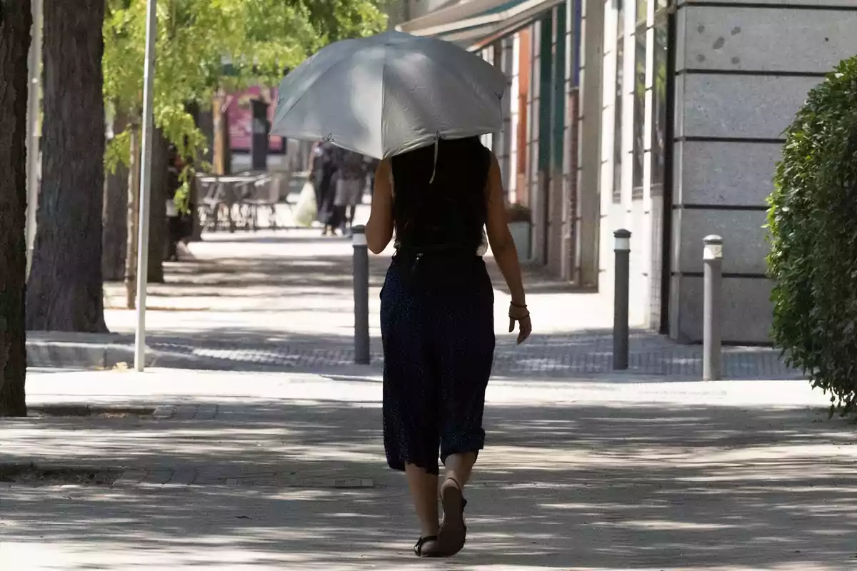 Mujer caminando por una acera soleada mientras sostiene un paraguas para protegerse del sol