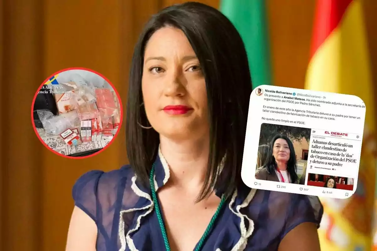 Mujer de cabello oscuro y liso con blusa azul posando frente a una cortina marrón, a la izquierda aparece un círculo con una imagen de cajas y paquetes de tabaco y a la derecha una captura de pantalla de una publicación en redes sociales sobre un taller clandestino de tabaco