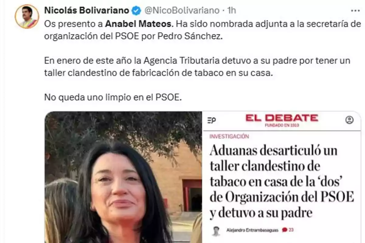 Publicación en Twitter donde se menciona a Anabel Mateos y se muestra una noticia de El Debate sobre la desarticulación de un taller clandestino de tabaco relacionado con su familia Publicación en Twitter donde se menciona a Anabel Mateos y se muestra una noticia de El Debate sobre la desarticulación de un taller clandestino de tabaco relacionado con su familia