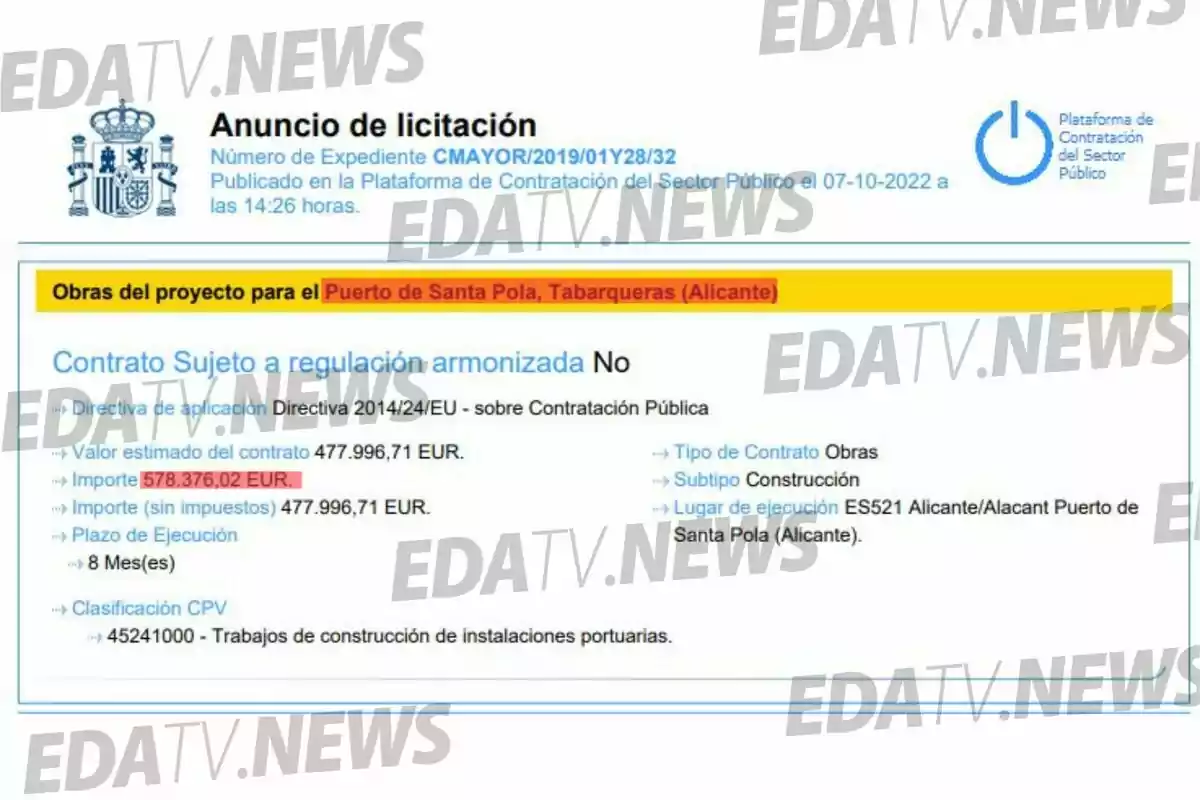 Captura de pantalla de un anuncio de licitación pública para obras en el Puerto de Santa Pola, Tabarqueras, Alicante, con un importe destacado de 578.376,02 euros y detalles sobre el contrato y la ejecución del proyecto Captura de pantalla de un anuncio de licitación pública para obras en el Puerto de Santa Pola, Tabarqueras, Alicante, con un importe destacado de 578.376,02 euros y detalles sobre el contrato y la ejecución del proyecto