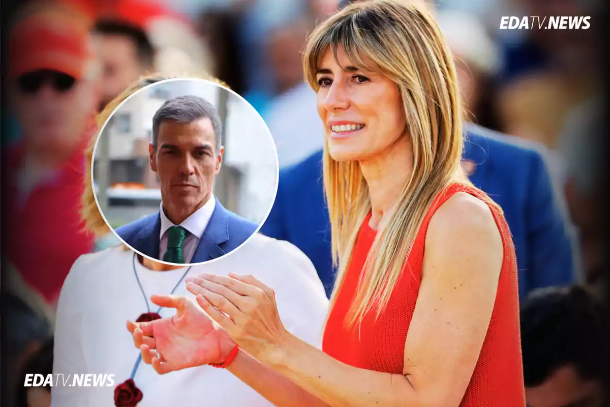 Mujer rubia con vestido rojo sonríe y aplaude en un evento al aire libre con un círculo superpuesto que muestra a un hombre de traje y corbata verde