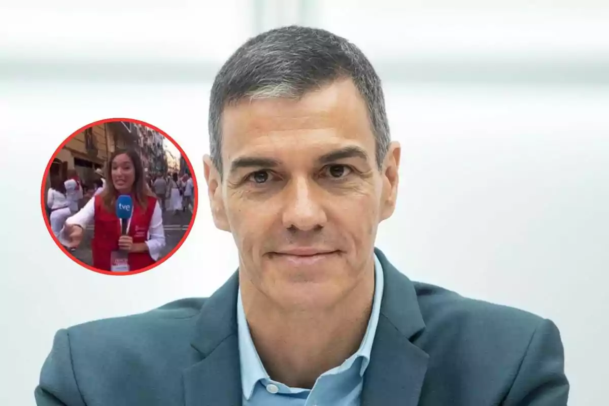 Hombre de cabello corto y canoso con saco azul claro y camisa celeste mirando a la cámara con una expresión neutral en primer plano, en la esquina superior izquierda aparece un recuadro circular con una reportera sosteniendo un micrófono azul en una calle concurrida