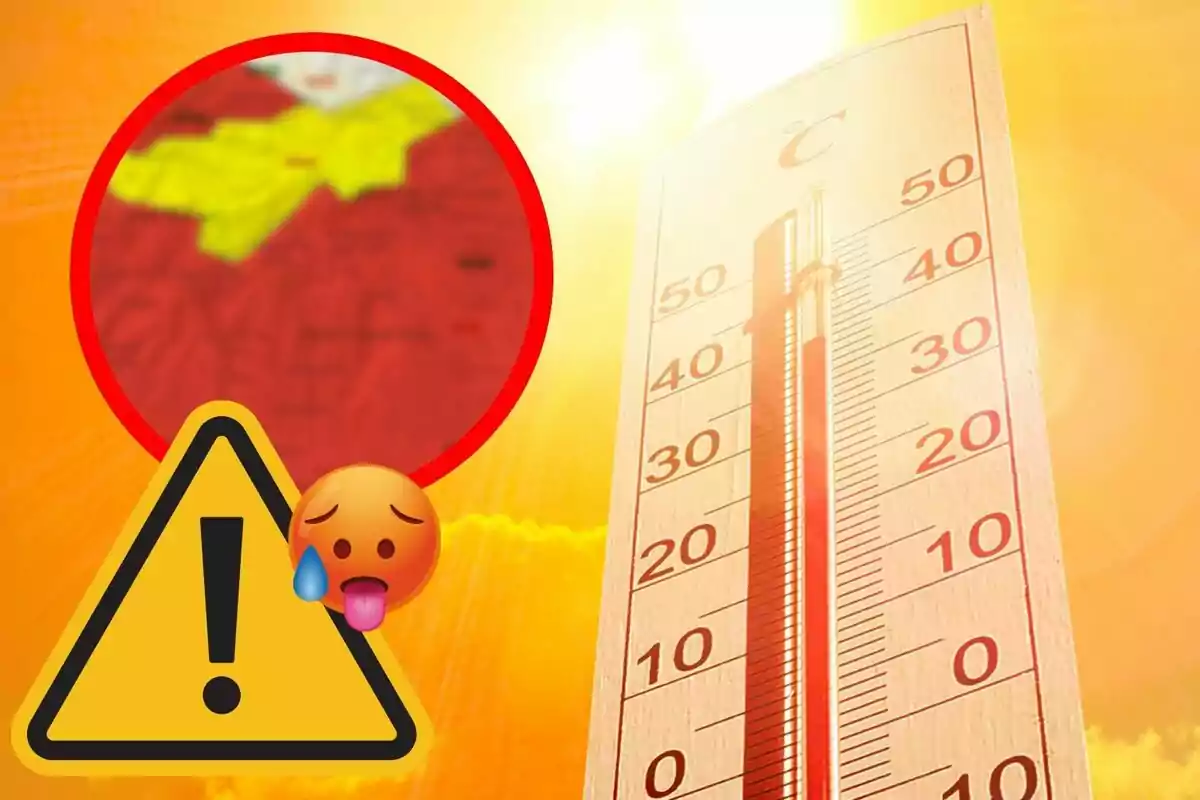 Termómetro marcando altas temperaturas con fondo soleado, un mapa en colores rojo y amarillo, un símbolo de advertencia y un emoji de calor.
