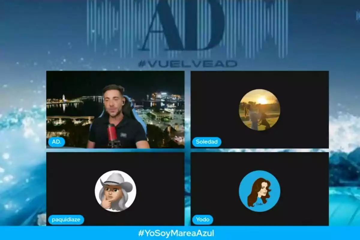 Cuatro personas participan en una videollamada con fondo azul, una de ellas es Antonio David Flores, y el texto #YoSoyMareaAzul en la parte inferior. Cuatro personas participan en una videollamada con fondo azul, una de ellas es Antonio David Flores, y el texto #YoSoyMareaAzul en la parte inferior.