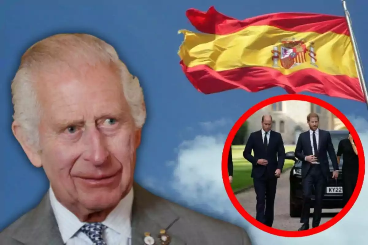 El rey Carlos III de cabello canoso en primer plano con una bandera de España ondeando al fondo y un círculo rojo que enmarca a los príncipes Harry y Guillermo vestidos de traje caminando juntos.