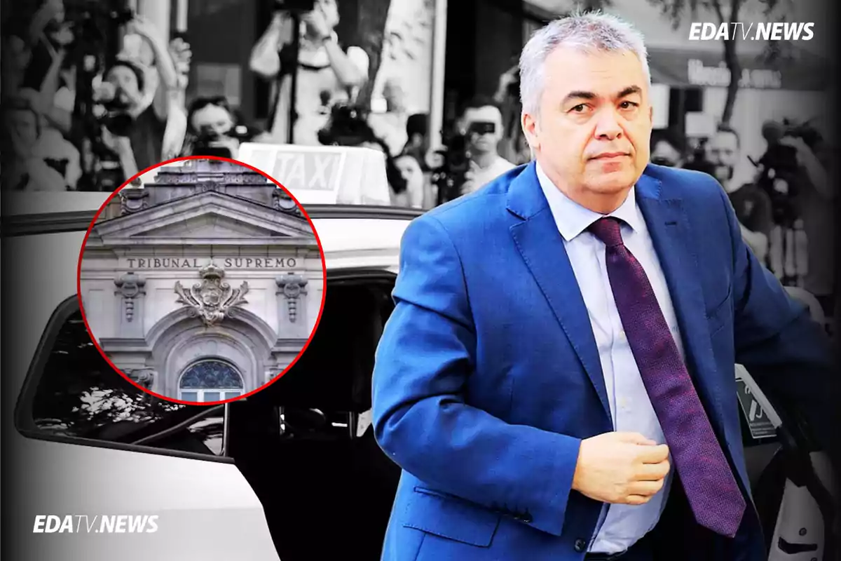 Hombre con traje azul saliendo de un coche rodeado de periodistas y cámaras con un recuadro que muestra la fachada del Tribunal Supremo