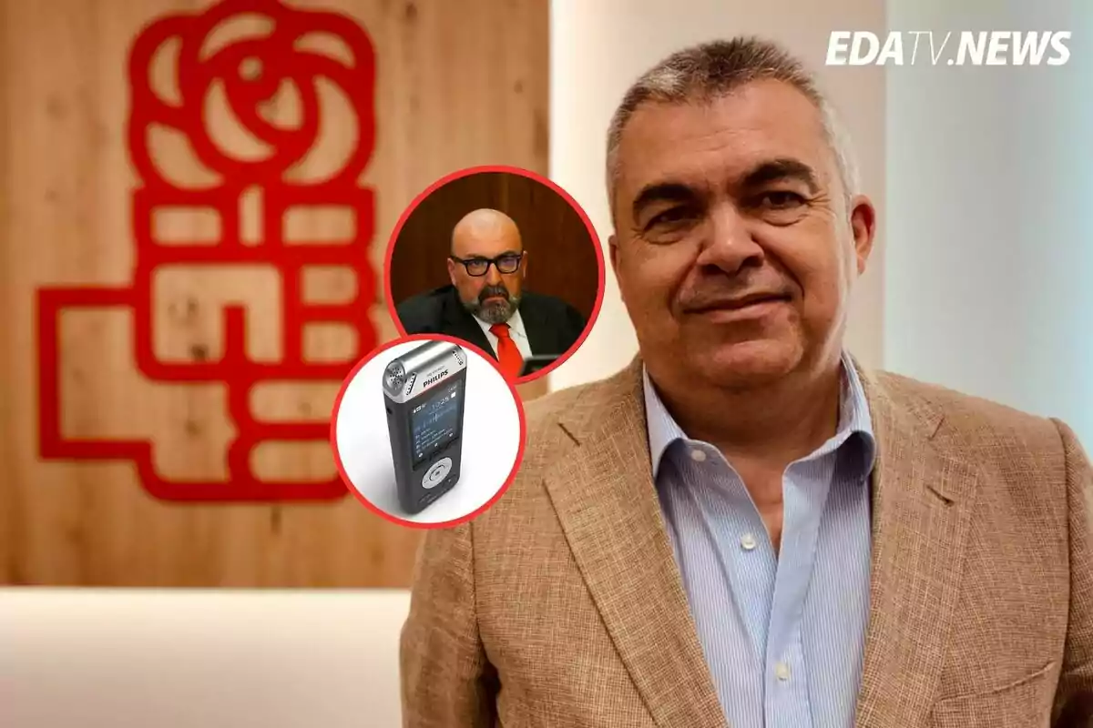 Hombre de cabello canoso con saco beige y camisa azul claro posando frente a un fondo con un logotipo rojo, en la esquina superior derecha aparece el texto EDATV.NEWS y sobre la imagen hay dos círculos, uno con la foto de un hombre calvo con gafas y barba y otro con una grabadora digital.