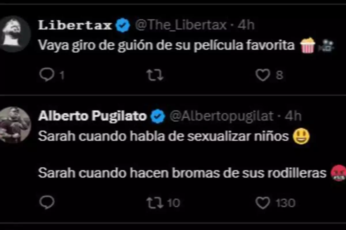 Captura de pantalla de dos tuits, uno comenta sobre un giro inesperado en una película favorita usando emojis de palomitas y cámara, y el otro compara la reacción de una persona llamada Sarah ante temas delicados y bromas, usando emojis de cara sonriente y enojada. Captura de pantalla de dos tuits, uno comenta sobre un giro inesperado en una película favorita usando emojis de palomitas y cámara, y el otro compara la reacción de una persona llamada Sarah ante temas delicados y bromas, usando emojis de cara sonriente y enojada.