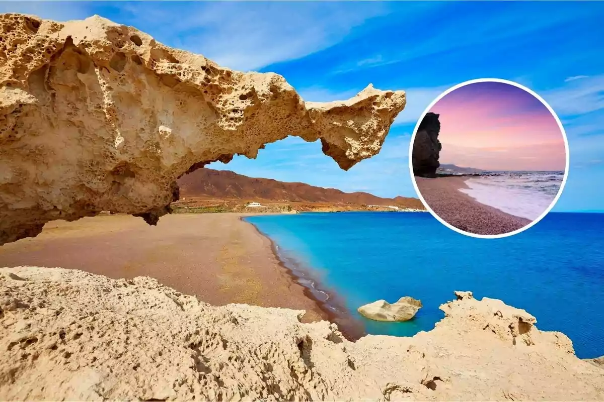 Formación rocosa junto a una playa de aguas turquesas y cielo azul con un recuadro mostrando otra vista de la costa al atardecer