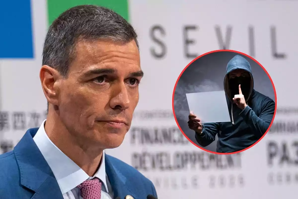Hombre de traje con expresión seria en primer plano y un círculo con la imagen de una persona encapuchada haciendo señal de silencio y sosteniendo una hoja en blanco