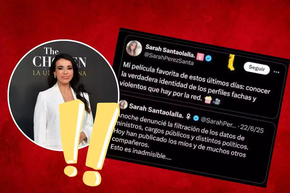 Una mujer vestida de blanco aparece junto a capturas de pantalla de tuits sobre filtración de datos y perfiles violentos en redes sociales, con un fondo rojo y un signo de exclamación amarillo.