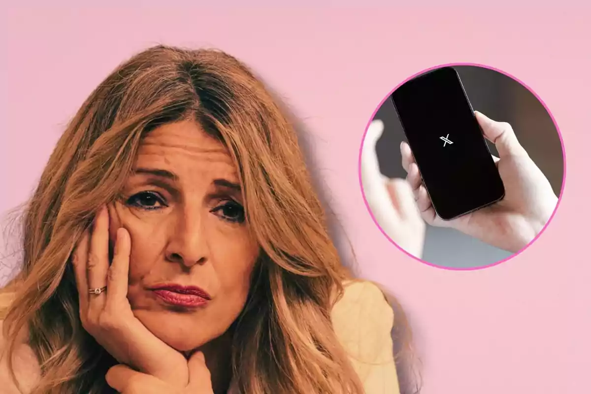Mujer con expresión seria apoyando la cara en la mano y un círculo que muestra un teléfono móvil con el logo de X en la pantalla sobre un fondo rosa
