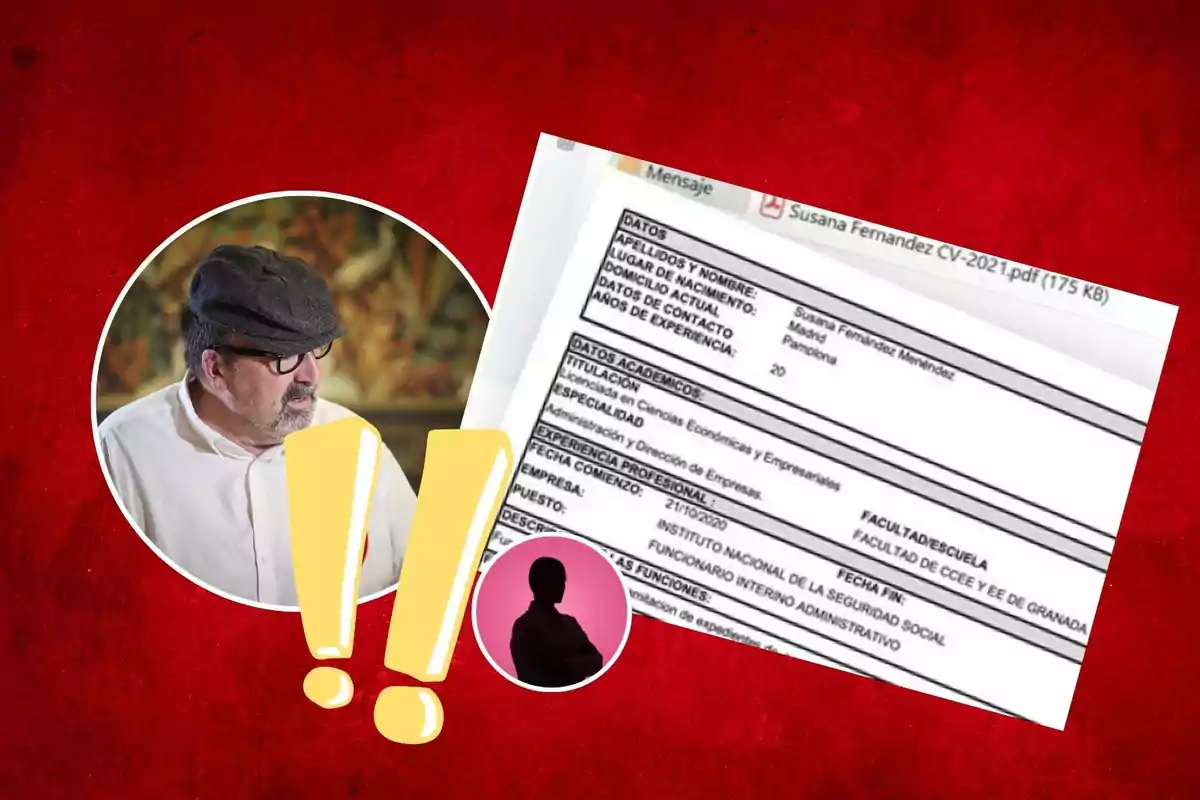 Hombre con gorra y gafas en un círculo, al lado de un currículum parcialmente visible y dos signos de exclamación amarillos sobre fondo rojo