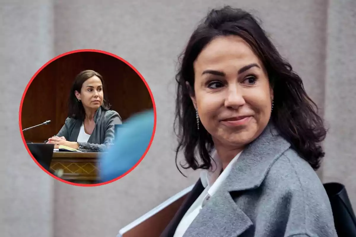 Mujer de cabello oscuro con abrigo gris sonriendo mientras mira hacia un lado, con un recuadro que muestra a la misma mujer sentada en una mesa durante una reunión o conferencia.
