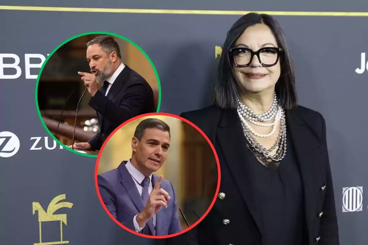 Una mujer con gafas grandes y collar de perlas posa en una alfombra roja mientras dos hombres aparecen en círculos superpuestos a la izquierda, uno hablando en un podio y el otro haciendo un gesto con la mano