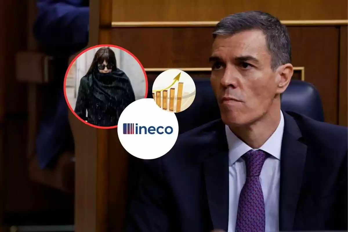 Hombre de traje sentado en un escaño parlamentario con gráficos y logotipo de Ineco superpuestos y una mujer con gafas oscuras y abrigo negro en un círculo a la izquierda