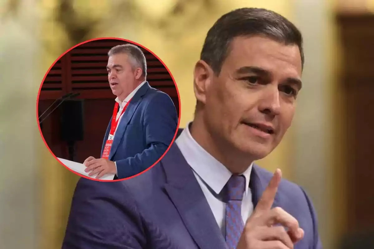 Hombre de traje hablando y señalando con el dedo mientras en un círculo aparece otra persona también hablando en un podio