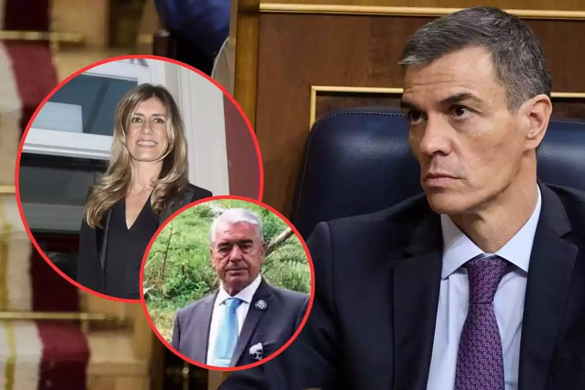 Un hombre de traje sentado en lo que parece ser un parlamento con expresión seria y dos personas en círculos rojos superpuestos a la izquierda, una mujer sonriente y un hombre mayor con corbata azul.