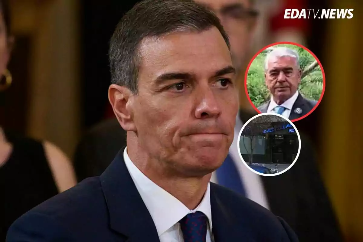 Hombre de traje con expresión seria en primer plano, en la esquina superior derecha aparece un recuadro con el rostro de otro hombre mayor y debajo una imagen de un edificio con el letrero Castellana 180, en la esquina superior derecha está el logo de EDATV NEWS.