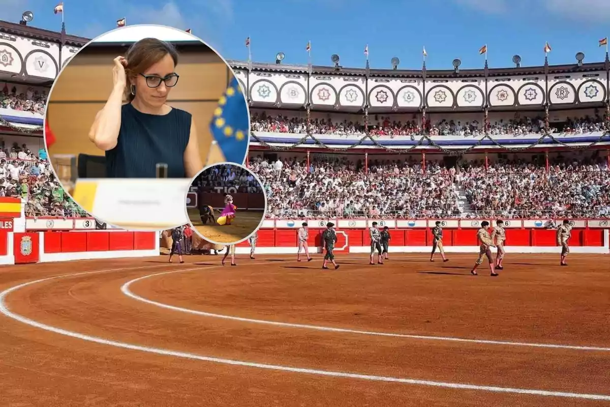 Plaza de toros llena de público con varios toreros en la arena y dos recuadros superpuestos mostrando a una mujer con gafas y a un torero en acción
