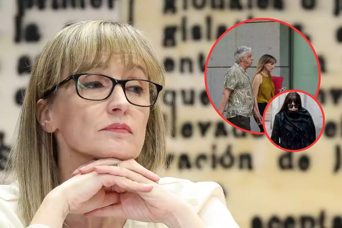 Mujer rubia con gafas y expresión seria apoyando el rostro sobre sus manos, con dos imágenes circulares superpuestas mostrando a la misma mujer caminando junto a un hombre y otra donde aparece vestida de negro bajo la lluvia