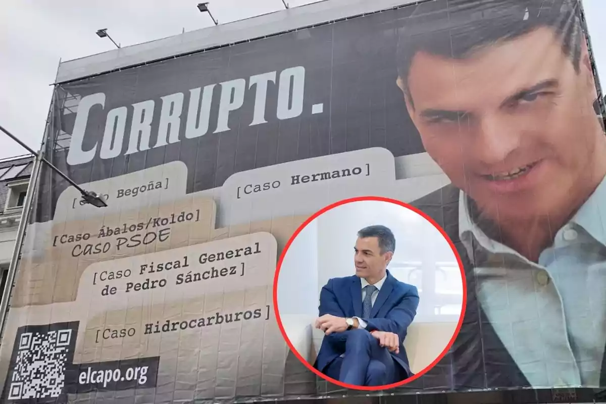 Gran cartel en la fachada de un edificio con la palabra "Corrupto" en grande, acompañado de varias acusaciones y una imagen de un hombre en actitud seria, junto a una foto más pequeña de la misma persona sentada con traje.