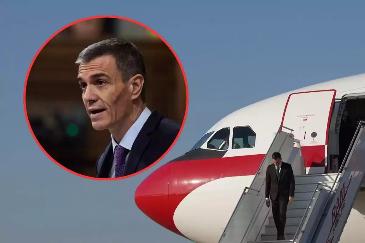 Un hombre con traje baja de un avión blanco y rojo mientras en la esquina superior izquierda aparece un recuadro con su rostro en primer plano.