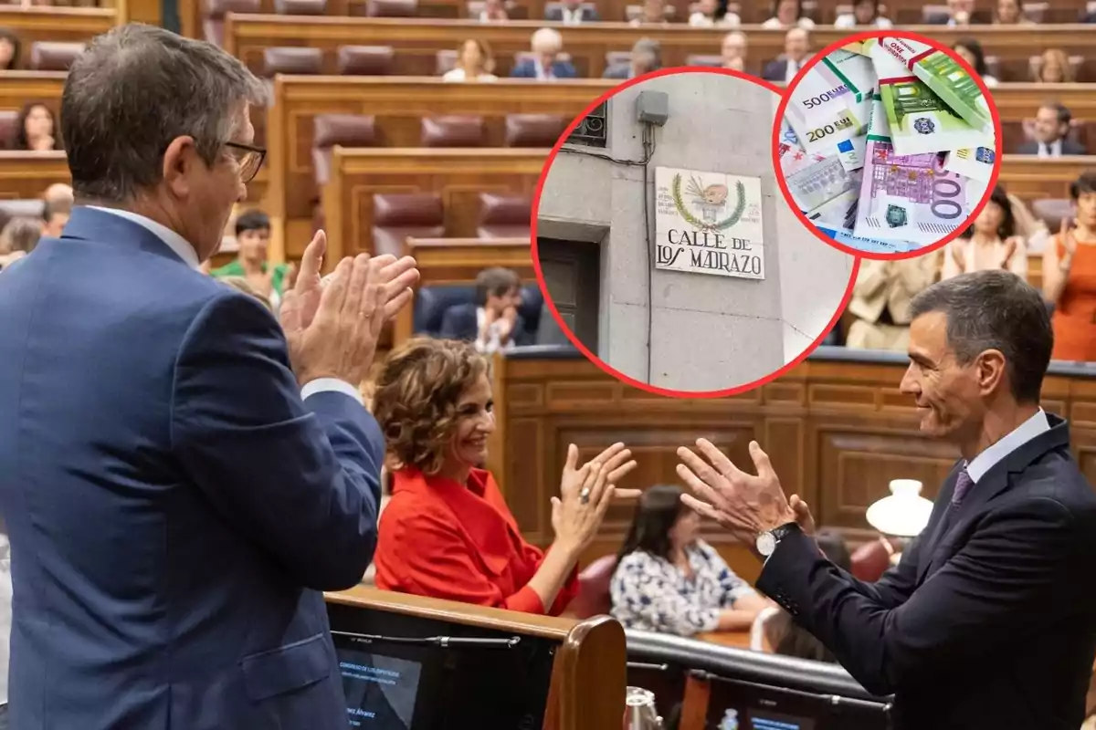 Políticos aplaudiendo en el Congreso de los Diputados con un círculo que muestra un cartel de calle y billetes de euro.