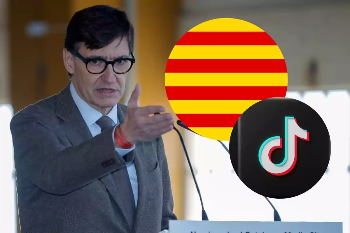 Hombre con gafas y traje hablando en un podio con un círculo de la bandera catalana y el logo de TikTok superpuestos a su lado