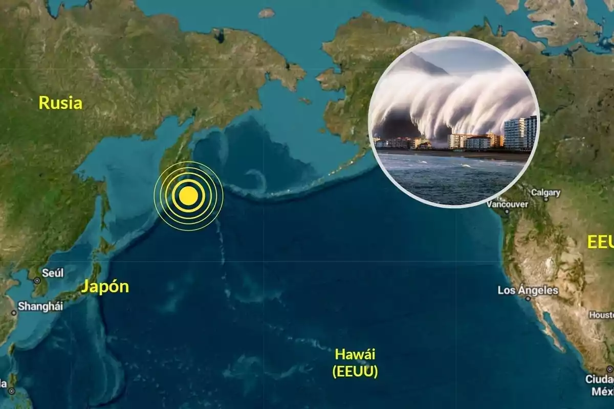 Mapa del Pacífico Norte con un epicentro de sismo cerca de Rusia y Japón, y un recuadro mostrando una gran ola acercándose a una ciudad costera