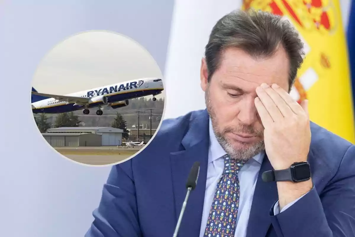 Un hombre con gesto preocupado se cubre parte del rostro con la mano mientras al fondo aparece una bandera de España y una imagen circular muestra un avión de Ryanair despegando.