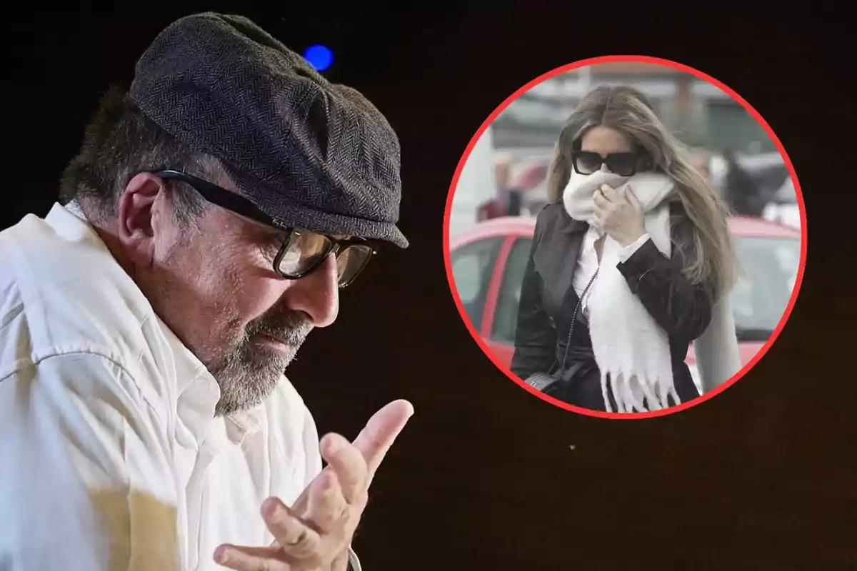 Hombre con gorra y gafas en primer plano con una mujer usando bufanda y gafas de sol en un círculo rojo al fondo